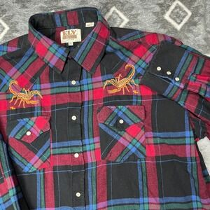 Ely Cattleman Shirt XL Scorpion Embroidery Plaid Pearl Snap Flannel Rockabilly